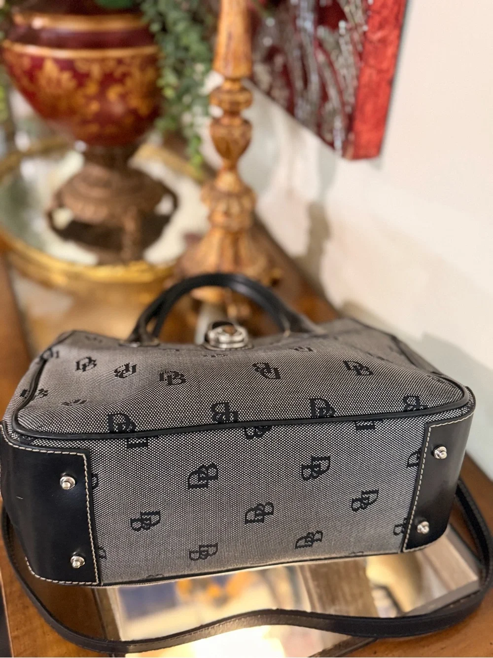 Dooney & Bourke Gray Monogram Jacquard Leather Satchel Purse Classic Preppy